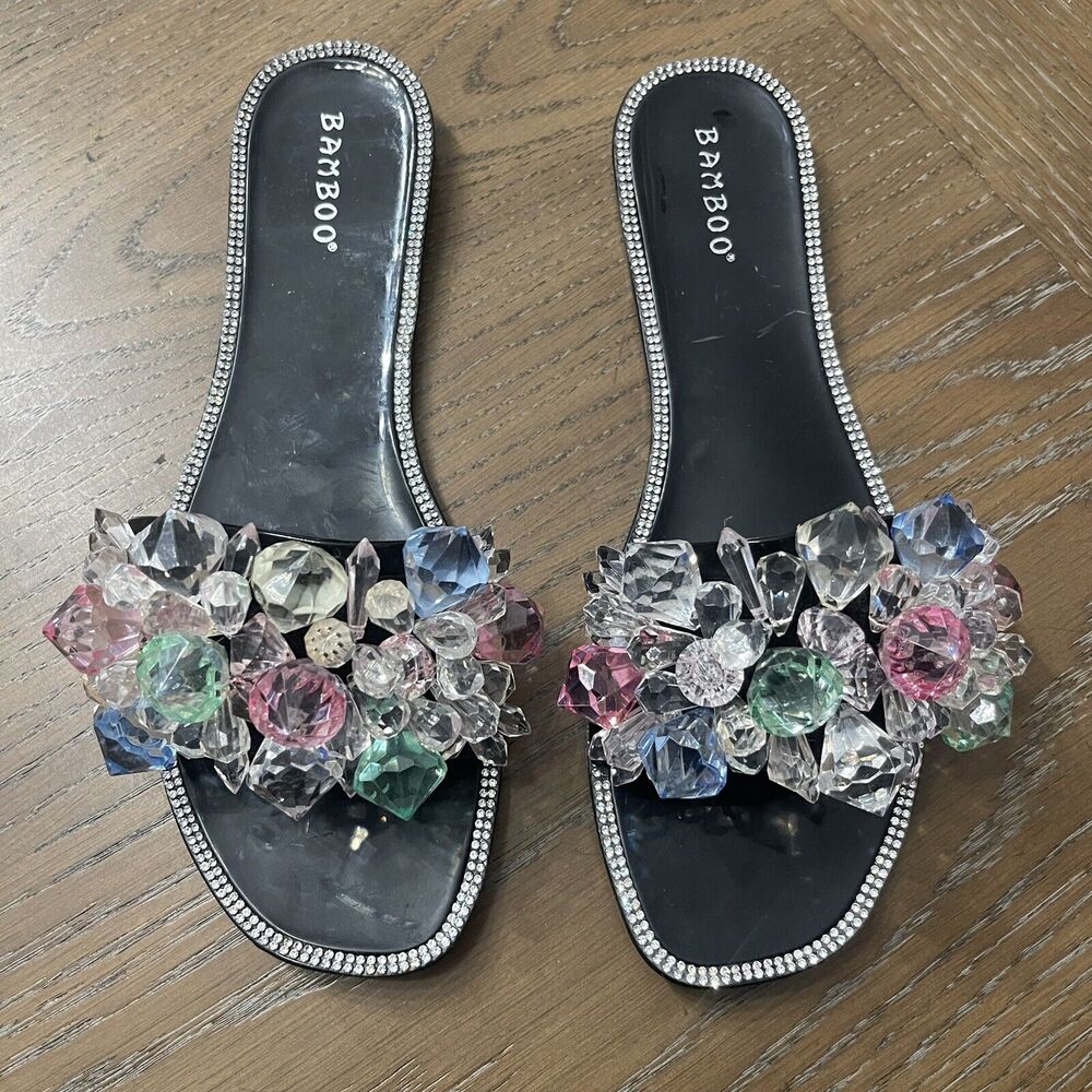 Bamboo Chunky Womens Sandals Size 9 Slip‎ On Rhinestone Rock Candy Colorful
